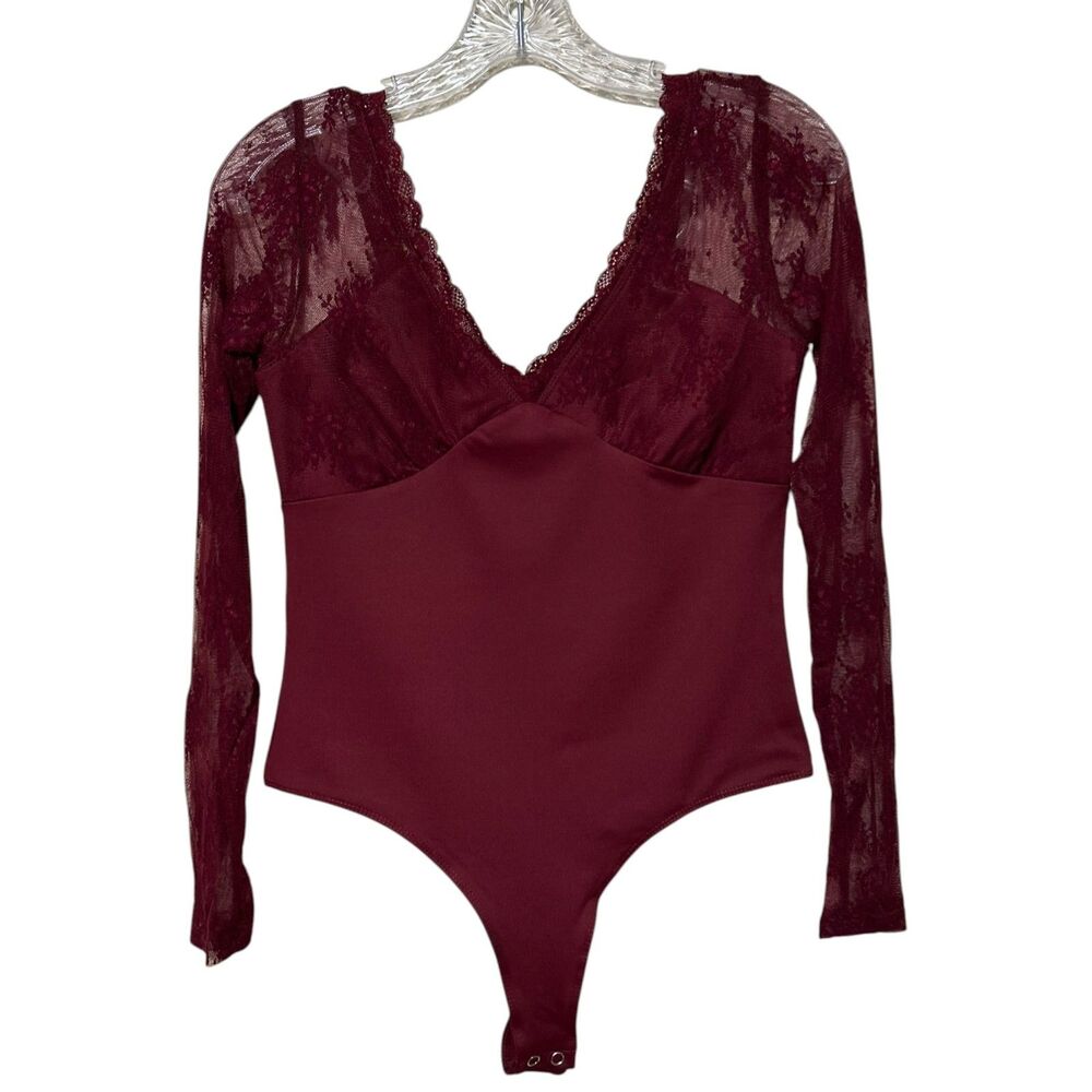 Sonoma Burgundy Lace Bodysuit Medium Sheer Long Sleeve V Neck Romantic Top
